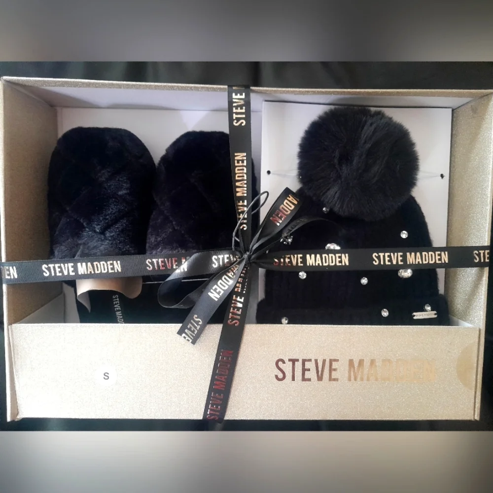 New Steve Madden Black Pom-Pom With Gems Beanie Hat and Slippers Set In Black S